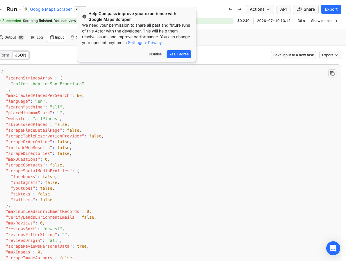 打开 Google Maps Scraper 并填写抓取范围（Apify 控制台真实截图）
